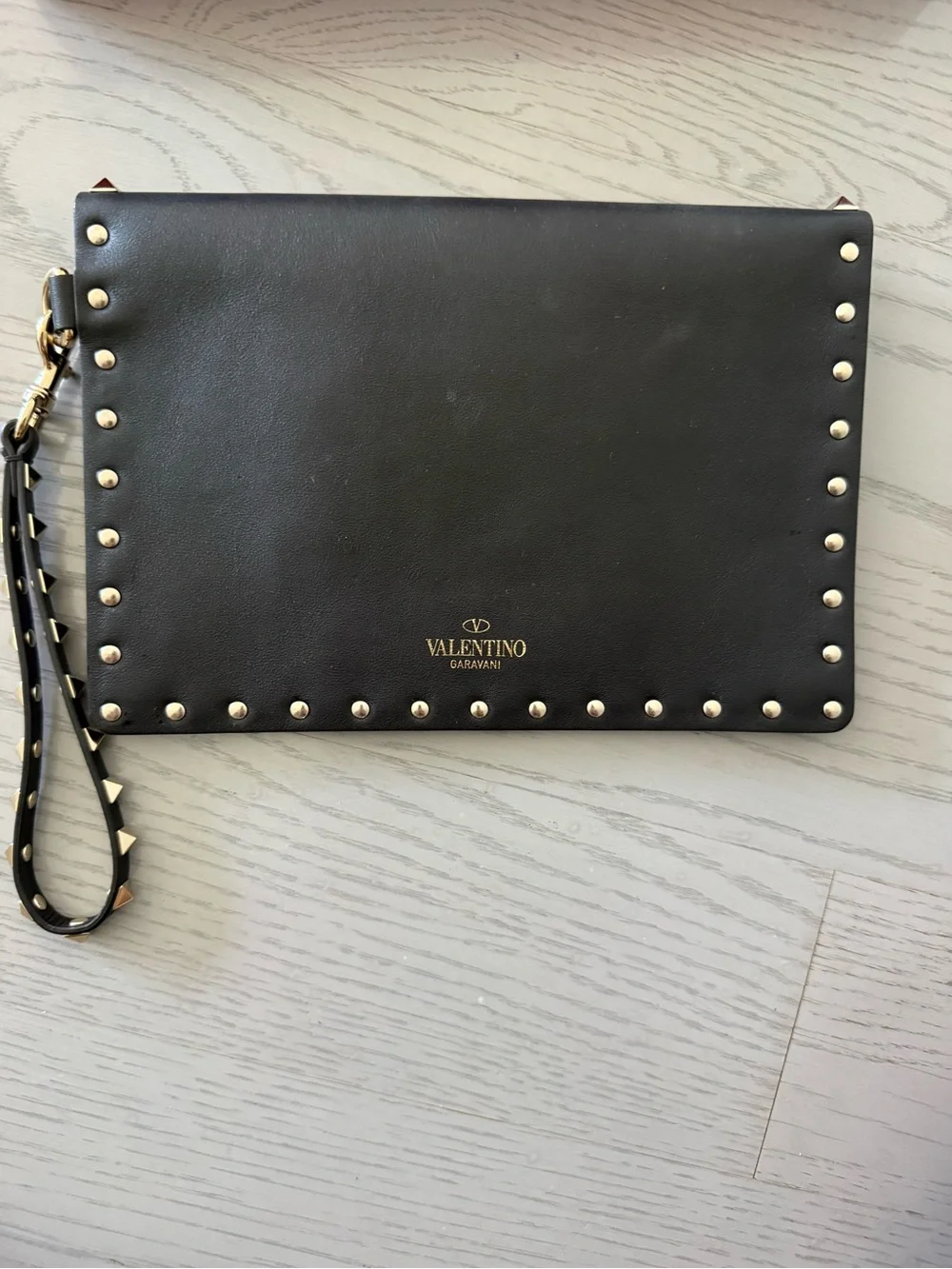 NWT Valentino Black Studded Envelope Wristlet Clutch - Gold Hardware pouch
